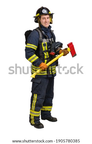 Full body young brave man in uniform and hard hat of fireman holds axe and looking at camera with smile isolated on white background