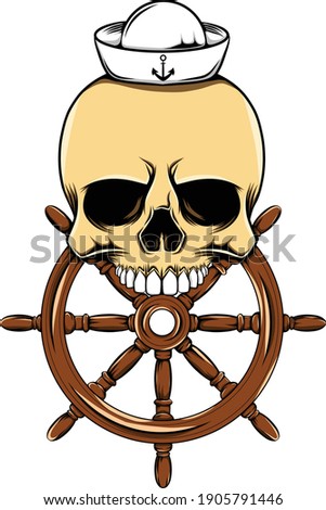 The illustration of the sailor's head with the wooden steering wheel