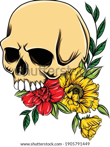 Head skull of the human with the colorful realistic flowers of illustration