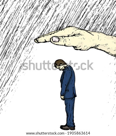 Man standing with his head bow in sadness shielded by a giant hand from the rain. Hand drawn vector illustration. Royalty-Free Stock Photo #1905863614