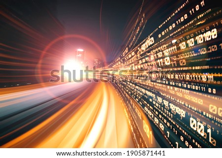 Digital data flow on road with motion blur to create vision of fast speed transfer . Concept of future digital transformation , disruptive innovation and agile business methodology . Royalty-Free Stock Photo #1905871441