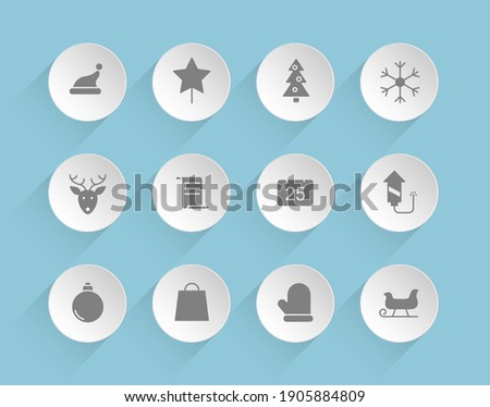 christmas vector icons on round puffy paper circles with transparent shadows on blue background. Stock vector icons for web, mobile and user interface design
