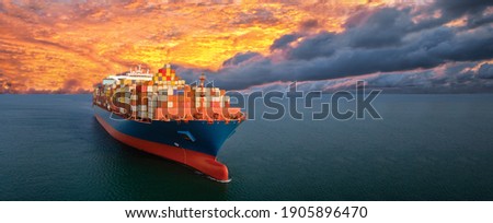 webinar banner, Aerial side view of smart cargo ship carrying container from custom container depot go to ocean concept freight shipping by ship service on sunset sky background.  forwarder mast