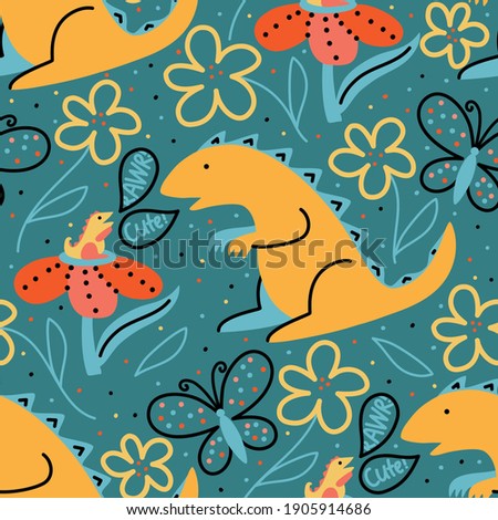 Vector seamless pattern with big and small tyrannosaurs on the background of butterflies and flowers Illustration with dinosaurs 
