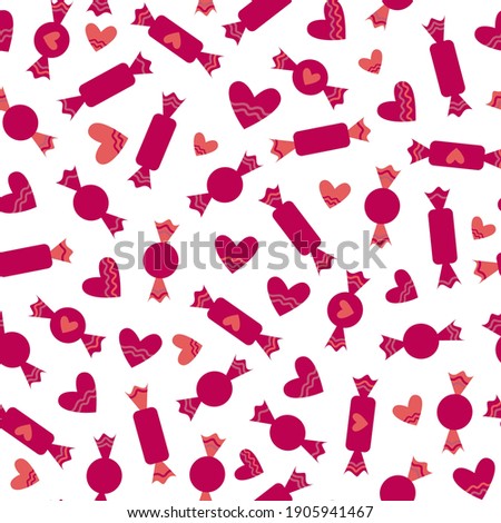 Seamless pattern of red hearts and candies. Vector background