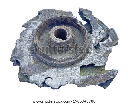 Cast iron impeller shape of circulating pump after to chemical corrosion, on white isolated background. With clipping path.