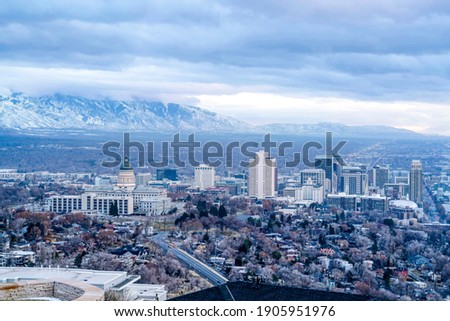 Utah State Capital Building and skyscrapers on an aerial view of Salt Lake City
