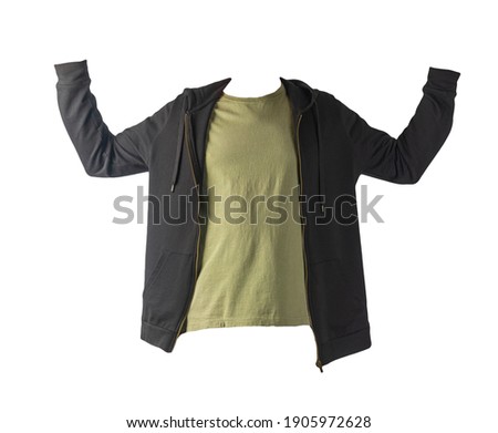 black sweatshirt with iron zipper with hoodie and  olive  t-shirt   isolated on white background.sporty style