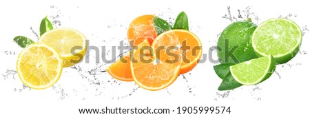 Fresh Fruits with water splash on isolated white background | lemon, orange and lime