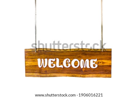  wooden hanging welcome sign with ropes with beautiful curve wood patterns isolated on white background