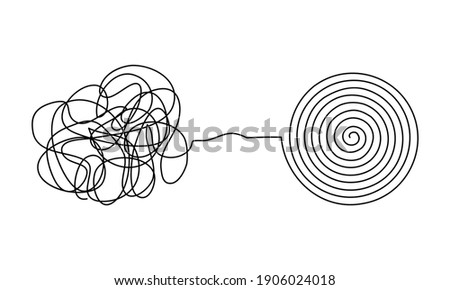 Vector illustration of messy complicated clew line transforming into orderly round element isolated on white background. Concept of solving problem, difficult situation, chaos and mess Royalty-Free Stock Photo #1906024018