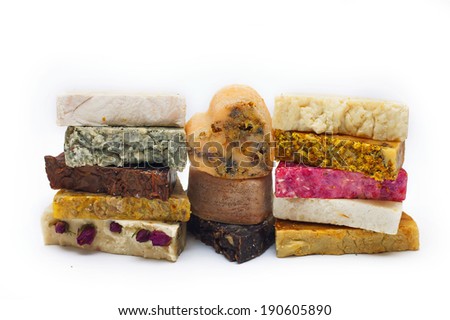 A lot of handmade aroma soaps with herbals