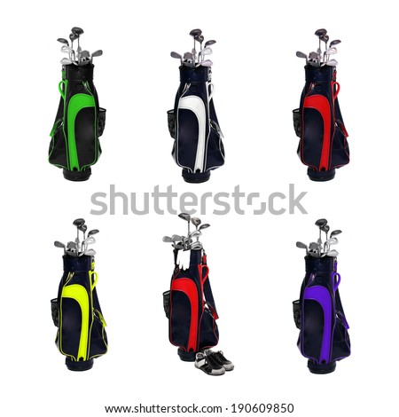 Collection of a golf clubs bags isolated on white background.