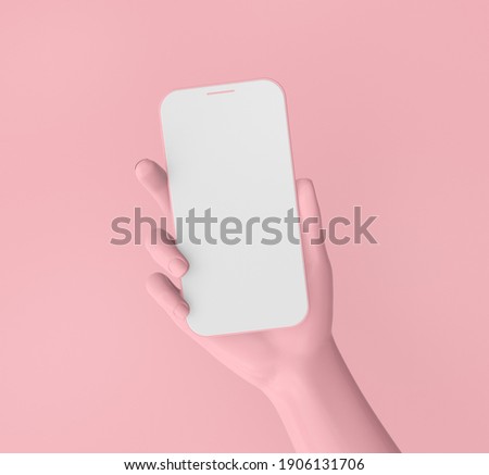 3d render illustration of 
hand holding phone with blank screen. Modern trendy design. Pink and white colors.