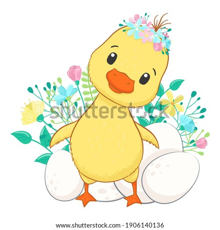 Happy Easter. Cute duckling with eggs. Vector illustration.