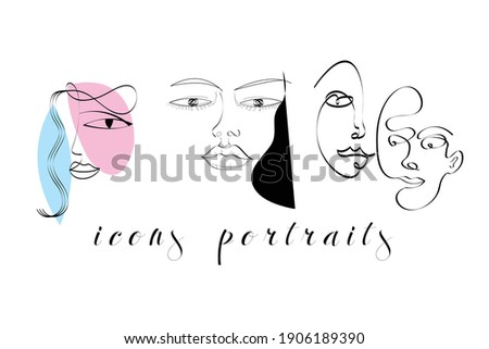 Set of creative templates in trendy style with one line face portrait, contemporary abstract shapes. Cubism face. Design promotion.