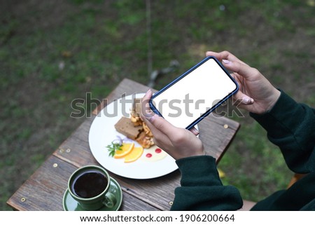 Close up view of young woman using smart phone taking photo of cake at cozy cafe.