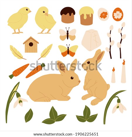 Cute spring Easter set. Elements in the style of flat on a white background. Ideal for decorating Easter products and postcards. Illustrations can be used as stickers