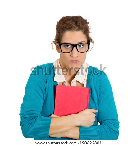Closeup portrait nerdy insecure young girl with glasses, nervous student looking sideways, avoiding eye contact craving something, anxious, isolated white background. Human emotion, facial expressions