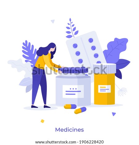 Patient and pills or meds in blisters and jars. Concept of medication, medicament, medicine, pharmaceutical drug, medical treatment, pharmacology. Modern flat vector illustration for banner, poster. Royalty-Free Stock Photo #1906228420