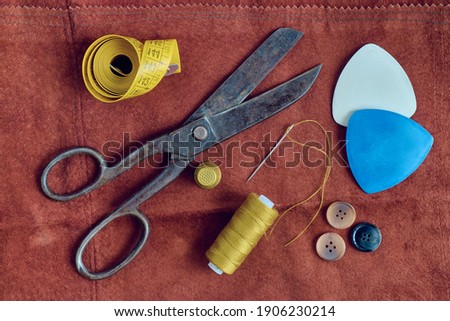 Sewing supplies. Still life composed from tailor's tools and accessories. Flat lay