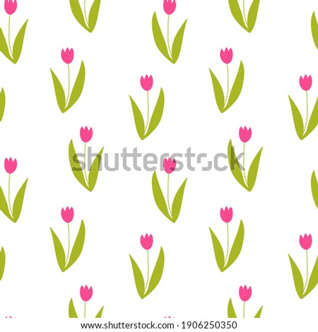 Vector seamless tulips pattern. Hand drawn spring tulips flower on white background. Cute spring and summer print, home decor, wrapping paper, textile.