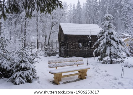 Bench with a wooden house in the winter forest. Falling snow in the park.