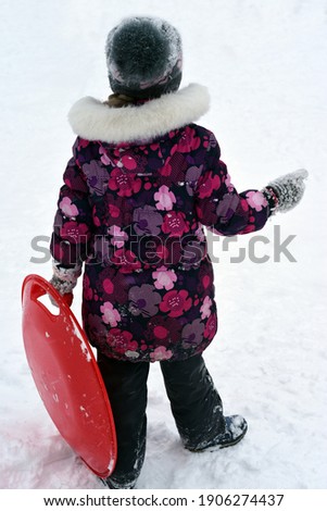 A child in full height from the back in snow-covered clothes with a sled on a slide.
