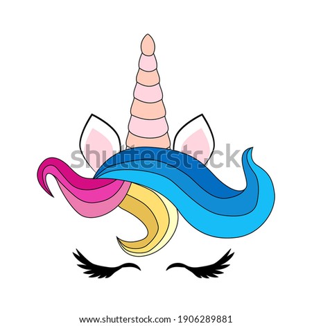 Cute unicorn face with rainbow flowers. Birthday decoration theme illustration