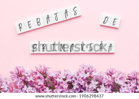white wooden cubes with the inscription spring in Spanish, Italian and Portuguese lilac branches on a pink background, seasonal concept
