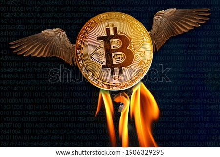 Bitcoin e-cryptocurrency with wings flies in blue sky with clouds, peer-to-peer payment system, concept of rise and fall of course