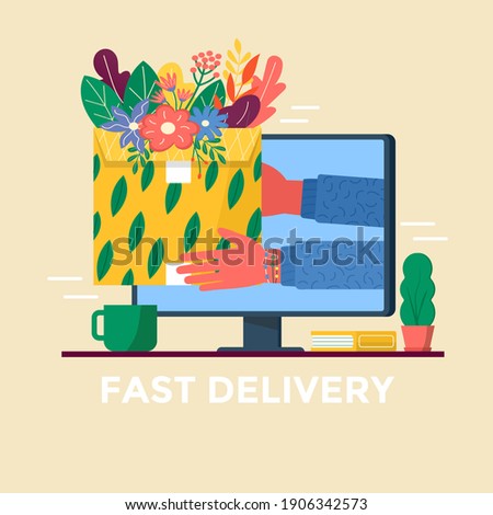Courier holding in hand parcel for online delivery service concept. Set of carton packages with flowers and adhesive tape for delivery icons. postal parcels, packs, boxes. illstration