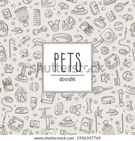 Background with pets sings and zoomarket icons. Hand drawn vector doodles illustration.