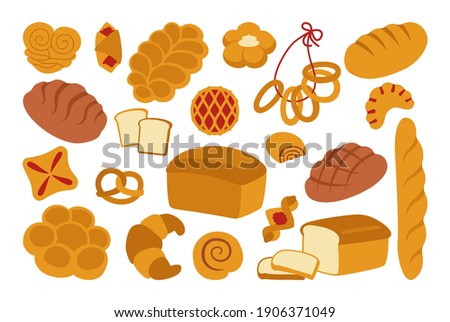 Bread flat icon set. Simple whole grain and wheat loaf bread, pretzel, muffin, croissant, french baguette. Organic baked goods, shop food, design menu bakery pastry. Vintage vector illustration Royalty-Free Stock Photo #1906371049