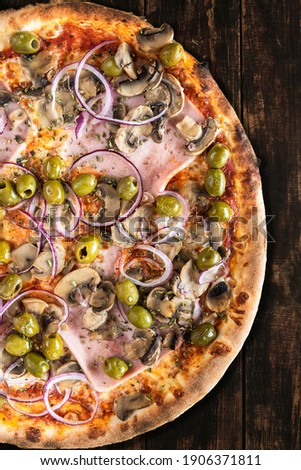 Tasty Pizza on Wooden Boards. Top Down Overhead View. Menu Brochure Layout Design.