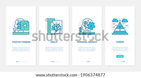 Positive thinking, personal career growth vector illustration. UX, UI onboarding mobile app page screen set with line processing leader human brain, diamond expert skill symbol, leadership development