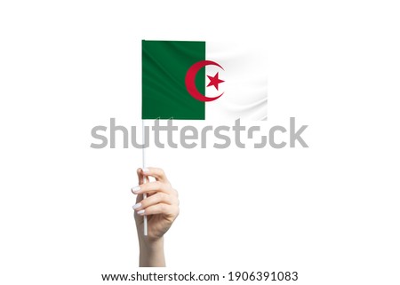 Beautiful female hand holding Algeria flag, isolated on white background.