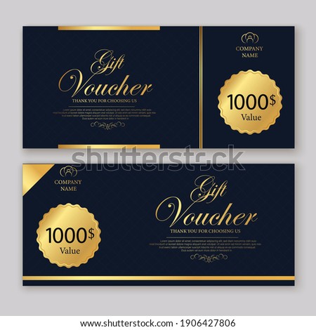 Discount voucher template with gold and black certificate. Background design coupon, invitation, currency. Set of stylish discount voucher gold and black. gift card, coupon. Royalty-Free Stock Photo #1906427806