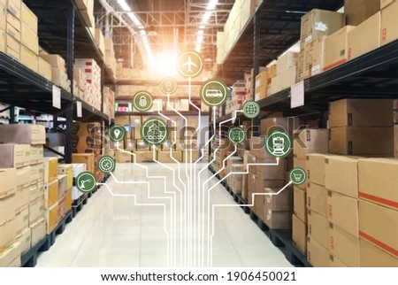 Logistics network Wholesale and Retail. Icon of marketing and process channels transport and logistic on warehouse background.  Royalty-Free Stock Photo #1906450021