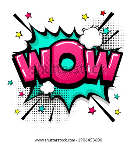 Wow amazing magic comic text speech bubble. Colored pop art style sound effect. Halftone vector illustration banner. Vintage comics book poster. Colored funny cloud font. Royalty-Free Stock Photo #1906453606
