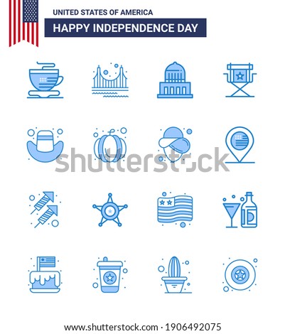 Pack of 16 USA Independence Day Celebration Blues Signs and 4th July Symbols such as american; star; building; movies; chair Editable USA Day Vector Design Elements