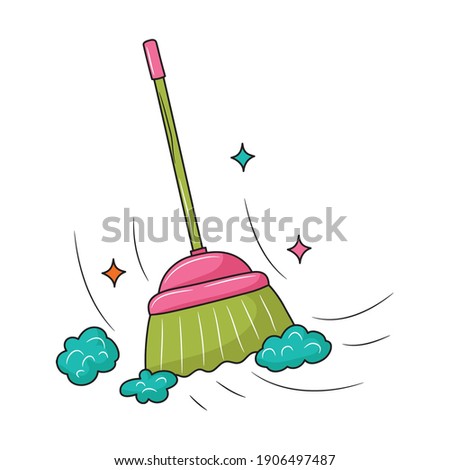 The broom removes dust and dirt, colored Line art vector illustration 