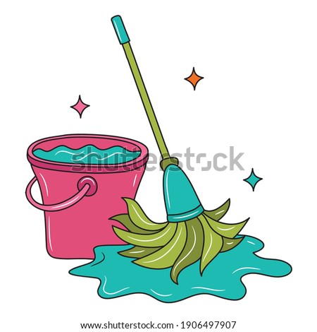 Simple mop and bucket of water, colored Line art vector illustration