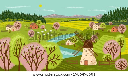 Farm landscape vector hand drawn poster. Rural countryside scene with house, farm, windmill and agriculture field. Village land with sheep on a meadow next to river