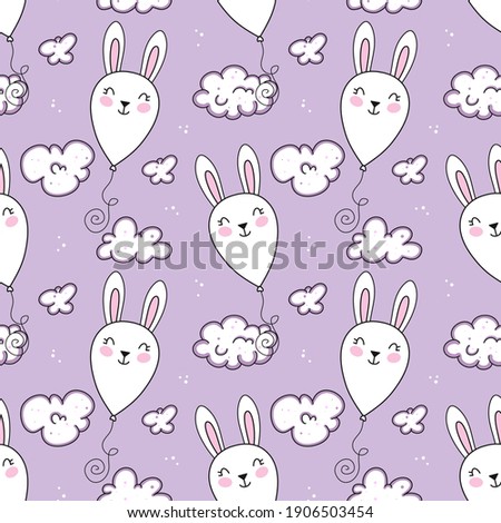 
Seamless pattern with cute hand drawn bunny balloon flying in the sky between clouds. Funny vector background for kids room decor, nursery art, print, fabric, wallpaper, wrapping paper, textile, gift