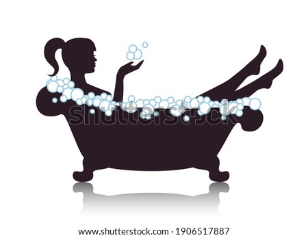 silhouette graceful beautiful woman takes a bath with foam on a white background 