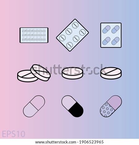 Set of 9 pharmacology icons - simple tablets, capsules and pills symbols for banner, brochure, booklet or web design, for hospital, drug store or pharmacy.