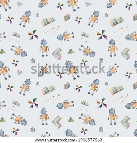Watercolor handpainted seamless pattern with cute baby toys for kids (robot, puzzle, pinwheel, xylophone)