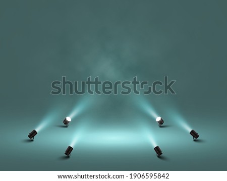 Spotlights with bright white light shining stage. Illuminated effect projector. Illustration of projector for studio. Vector illustration Royalty-Free Stock Photo #1906595842