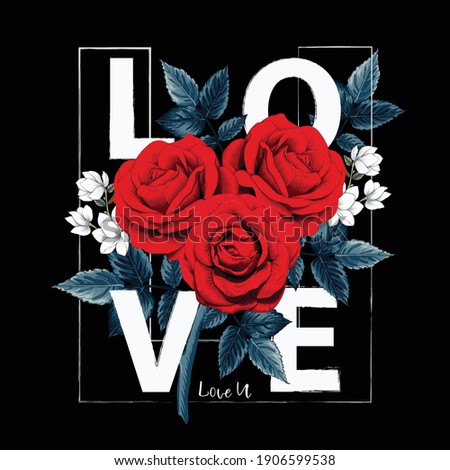 Love you with bouqurt Red rose flowers on isolated black background.Vector illustration hand drawing dry watercolor style.For used t-shirt pattern design